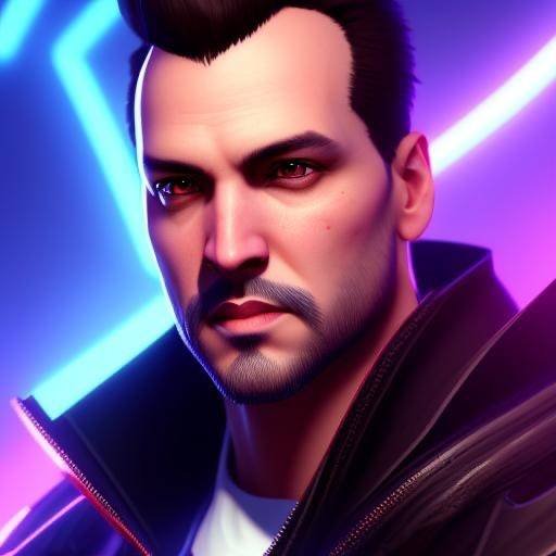 Digital portrait of a rugged man with a neon-lit cyberpunk background (pink and blue glow).