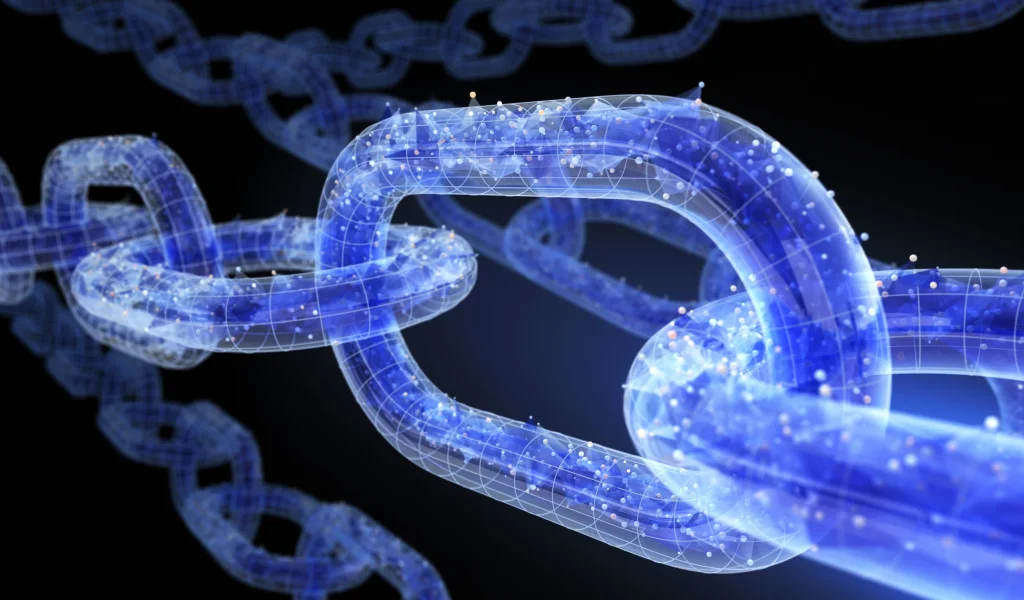 Abstract 3D rendering of interconnected blue chain links with glowing nodes, symbolizing blockchain and digital networks.